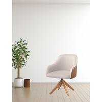 Poltrona Decorativa Hera Linho Nude Couro Caramelo Com Base Giratória Em Madeira - 2