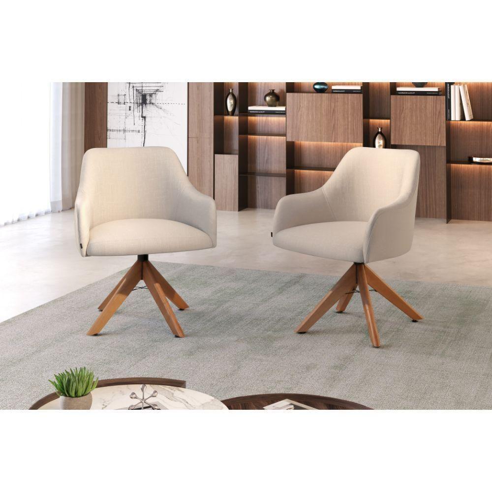 Poltrona Decorativa Hera Linho Nude Com Base Giratória Em Madeira - 2