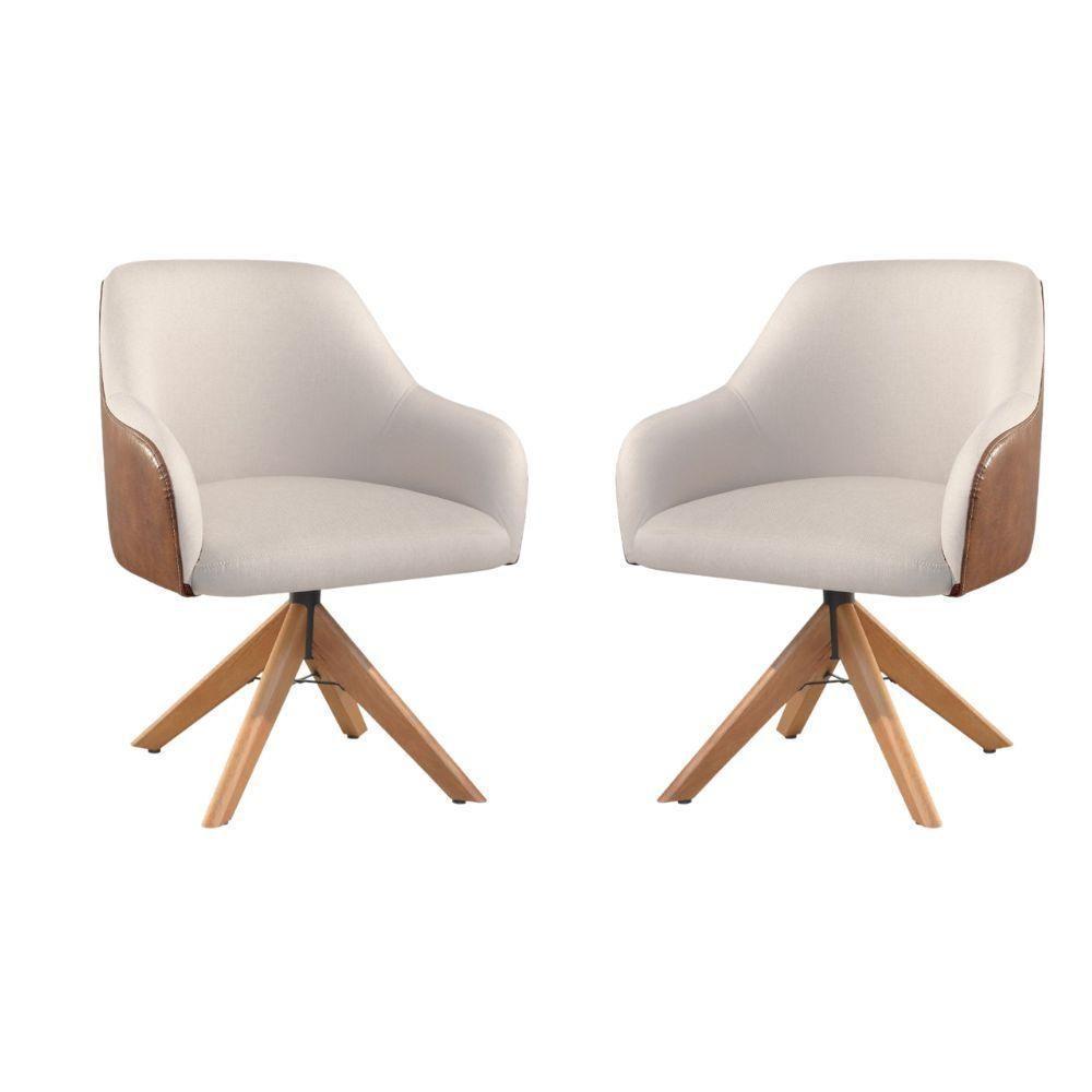 Conjunto Poltronas Decorativa Hera Linho Nude Couro Caramelo Com Base Giratória Em Madeira - 1