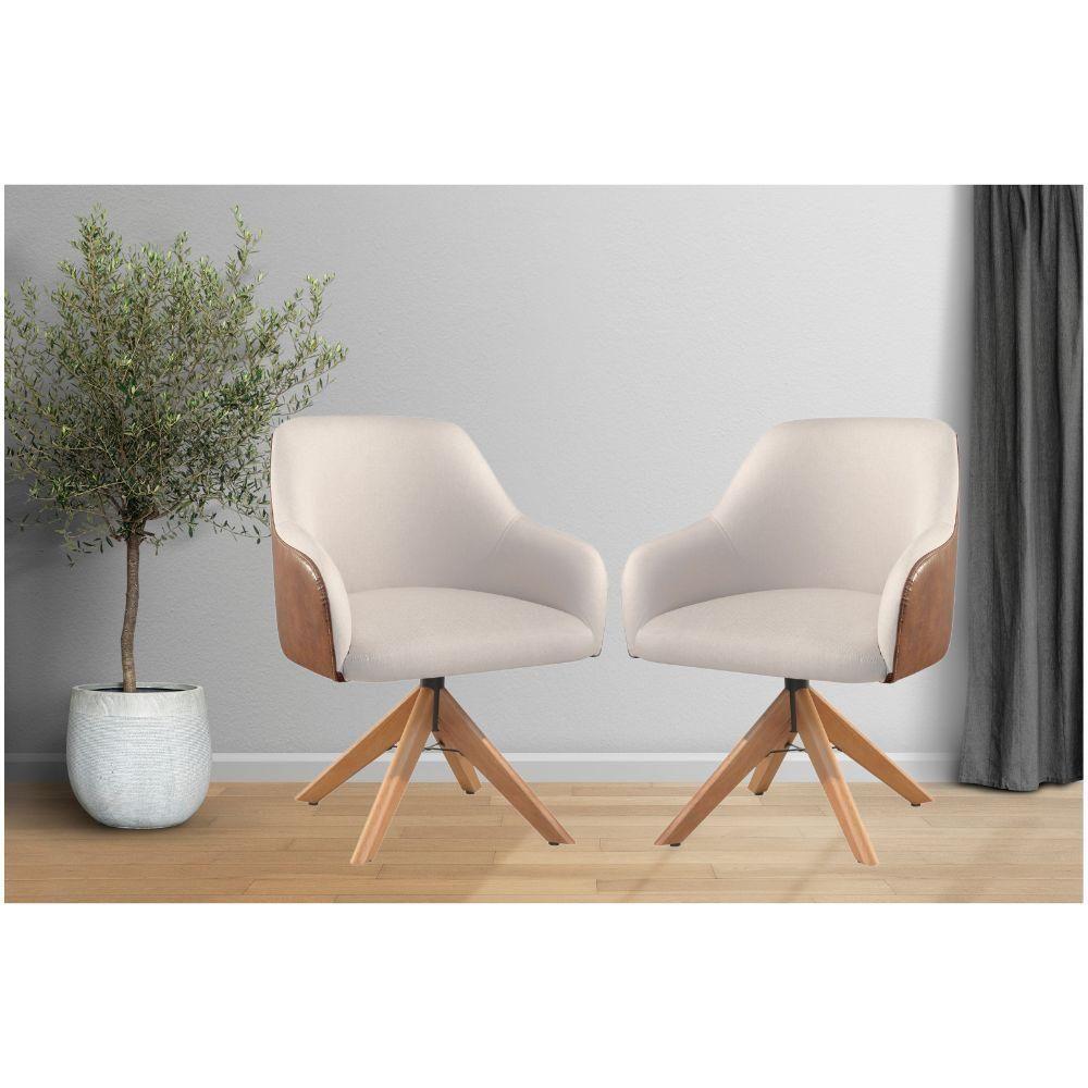 Conjunto Poltronas Decorativa Hera Linho Nude Couro Caramelo Com Base Giratória Em Madeira - 2