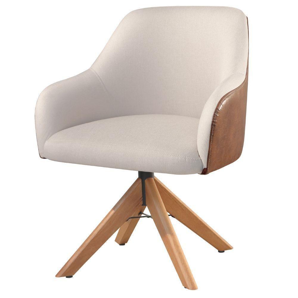 Conjunto Poltronas Decorativa Hera Linho Nude Couro Caramelo Com Base Giratória Em Madeira - 4