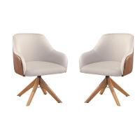 Conjunto Poltronas Decorativa Hera Linho Nude Couro Caramelo Com Base Giratória Em Madeira - 1