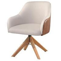 Conjunto Poltronas Decorativa Hera Linho Nude Couro Caramelo Com Base Giratória Em Madeira