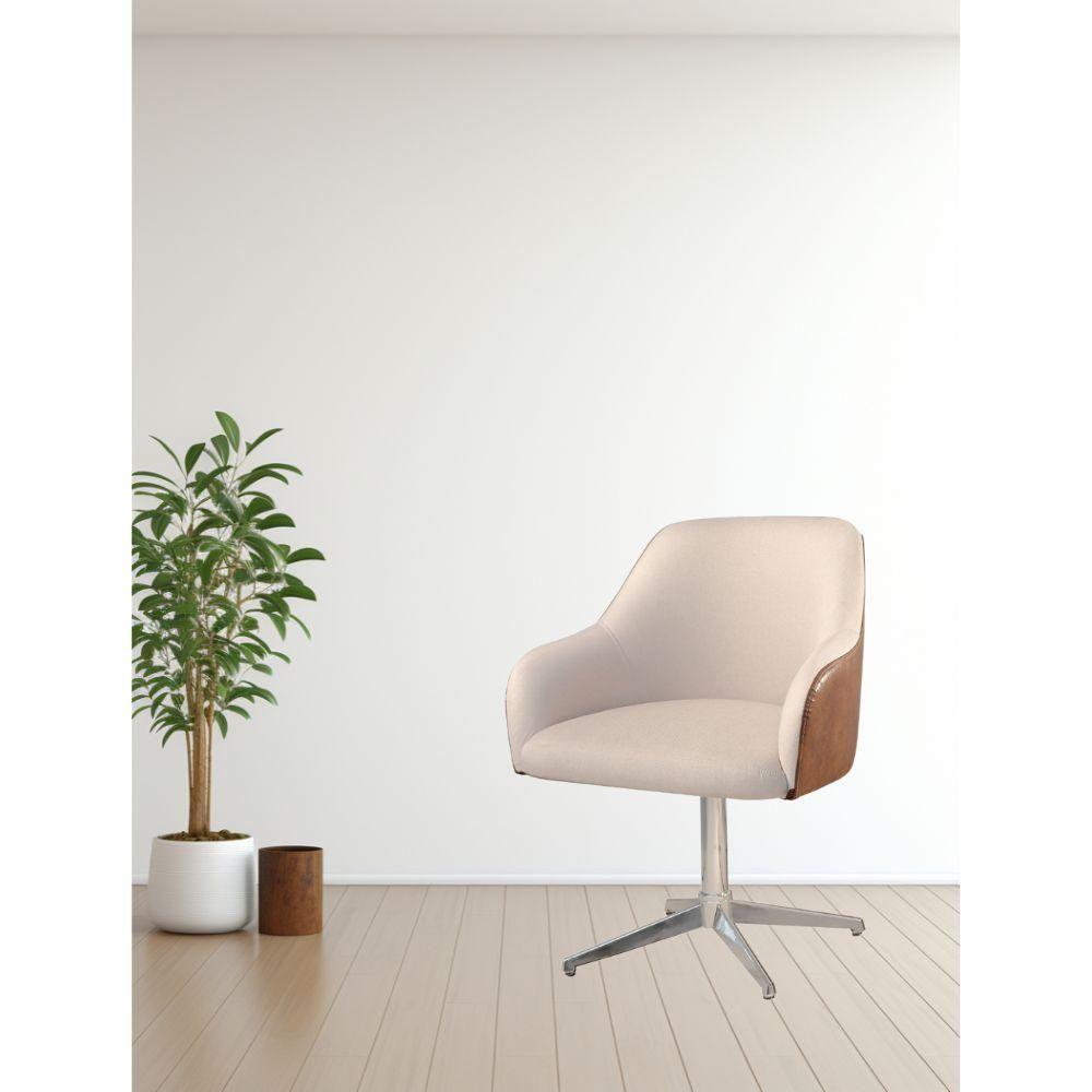 Poltrona Decorativa Hera Linho Nude Couro Caramelo Com Base Giratória Em Alumínio - 3