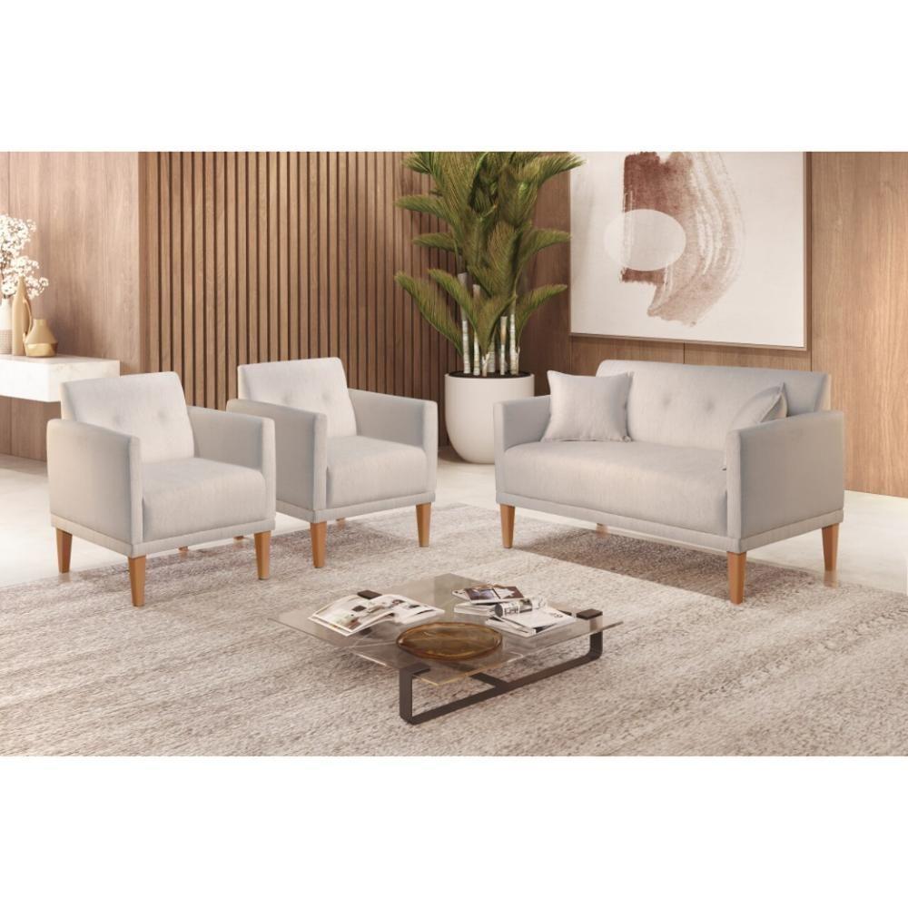 Poltrona Helena Linho Cinza Com Pés Em Madeira - 2