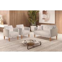 Poltrona Namoradeira Helena Linho Cinza Com Pés Em Madeira - 2