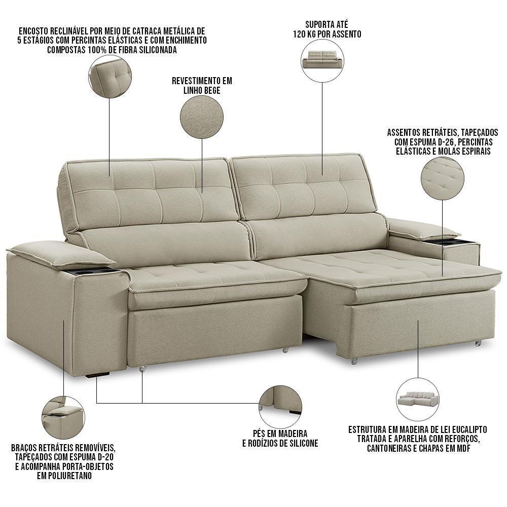 Sofá Retrátil Reclinável 3 Lugares Sala De Estar 215cm Bilac F04 Linho Bege - Lyam Decor - 3