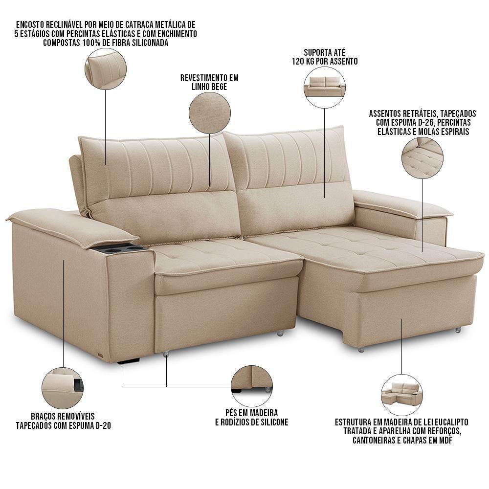 Sofá Retrátil Reclinável 3 Lugares Sala De Estar 210cm Hilst F04 Linho Bege - Lyam Decor - 3