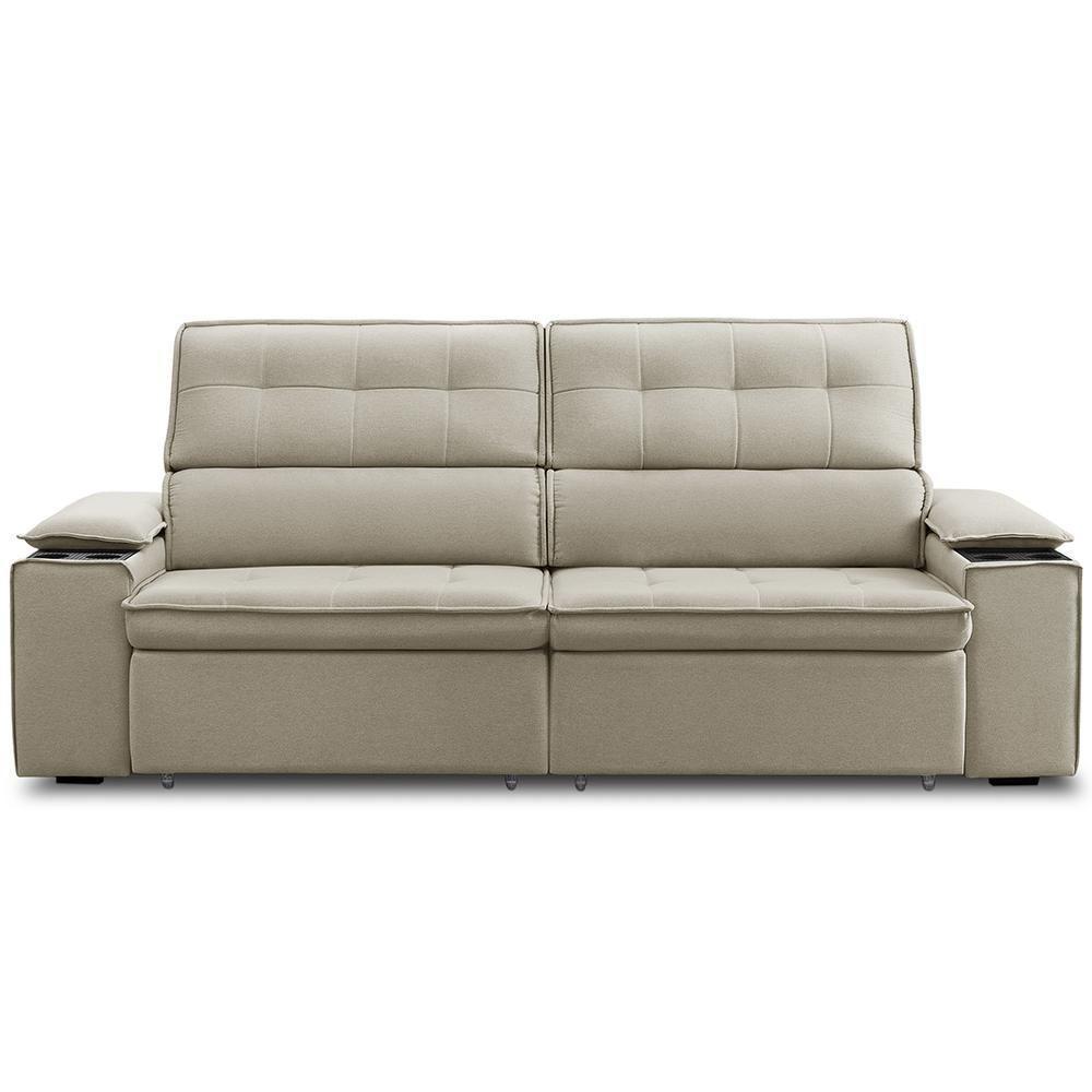 Sofá Retrátil Reclinável 3 Lugares Sala De Estar 255cm Bilac F04 Linho Bege - Lyam Decor - 2
