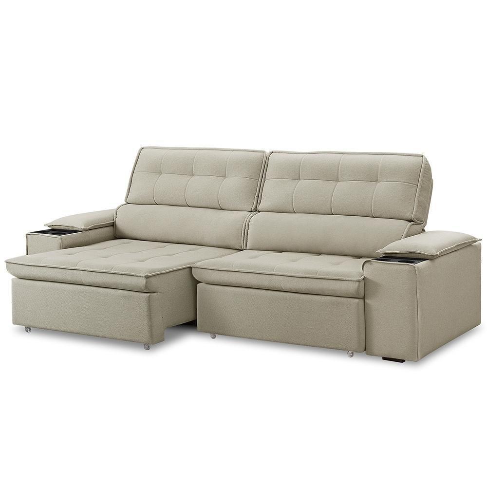 Sofá Retrátil Reclinável 3 Lugares Sala De Estar 255cm Bilac F04 Linho Bege - Lyam Decor - 5