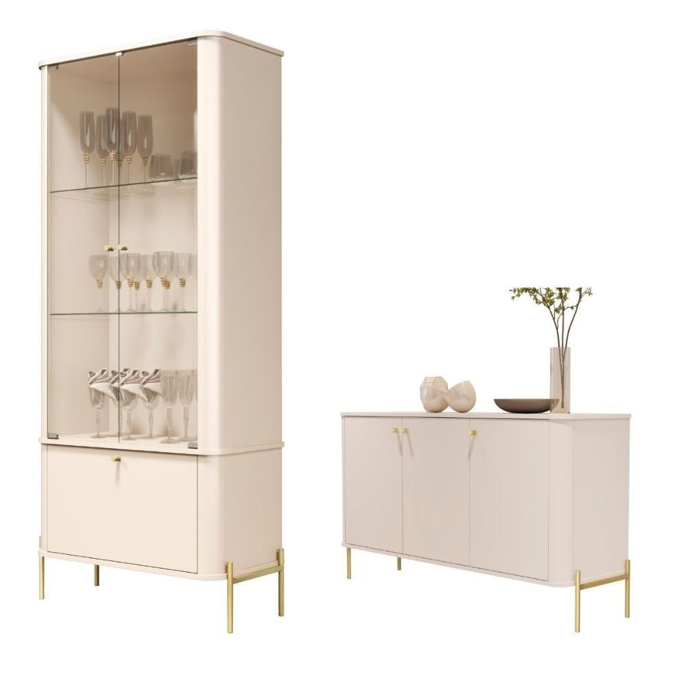 Conjunto Buffet E Cristaleira Rouxinol Off White Dourado - 1