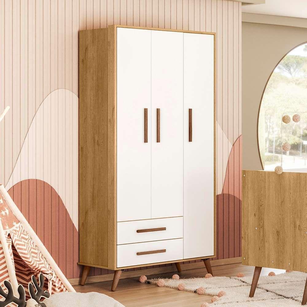 Guarda Roupa 3 Portas 2 Gavetas Que Encanto Retro Freijo Toque Branco Acetinado - 1