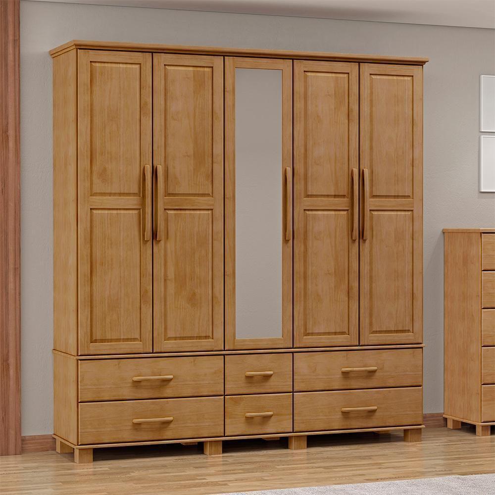 Guarda Roupa 5 Portas 6 Gavetas Espelho Madeira Maciça 208 Cm 2253 Freijo Milani Store - 1