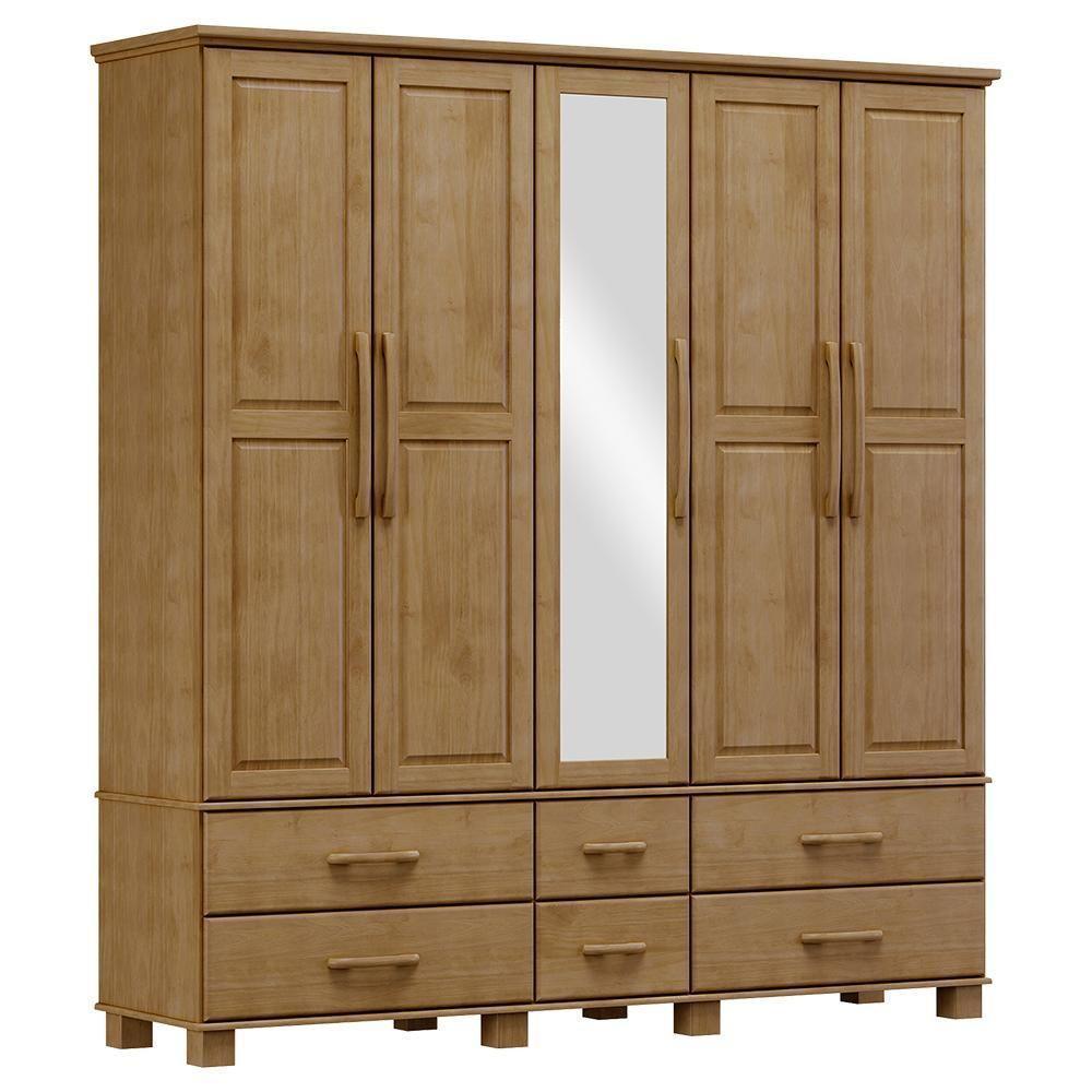 Guarda Roupa 5 Portas 6 Gavetas Espelho Madeira Maciça 208 Cm 2253 Freijo Milani Store - 2