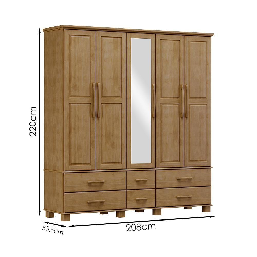 Guarda Roupa 5 Portas 6 Gavetas Espelho Madeira Maciça 208 Cm 2253 Freijo Milani Store - 4