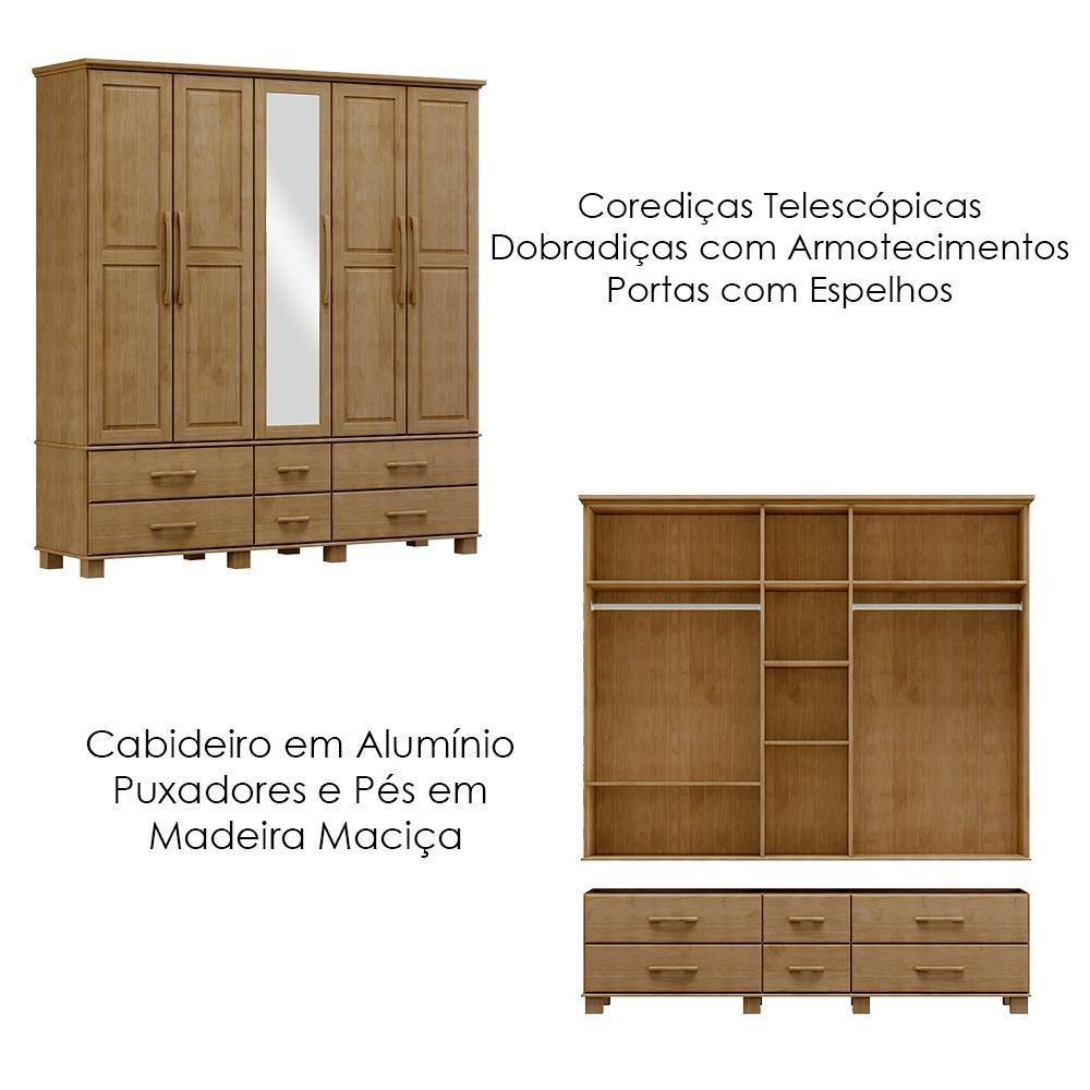 Guarda Roupa 5 Portas 6 Gavetas Espelho Madeira Maciça 208 Cm 2253 Freijo Milani Store - 5
