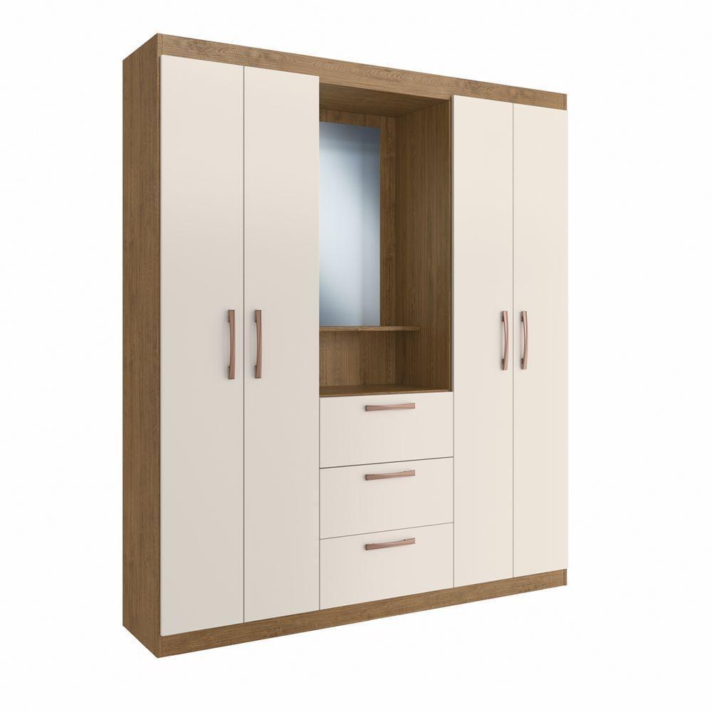 Guarda Roupa Solteiro Panama 4 Portas 3 Gavetas Com Espelho Off White Nogueira Doripel - 2