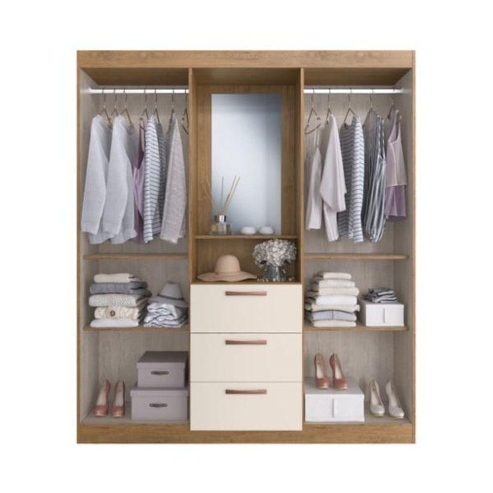 Guarda Roupa Solteiro Panama 4 Portas 3 Gavetas Com Espelho Off White Nogueira Doripel - 3