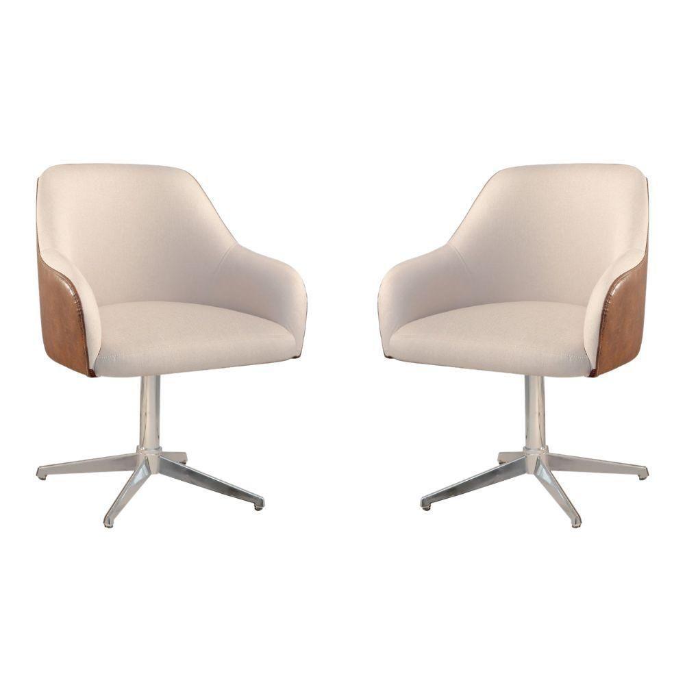 Conjunto Poltronas Decorativa Hera Linho Nude Couro Caramelo Com Base Giratória Em Alumínio - 1