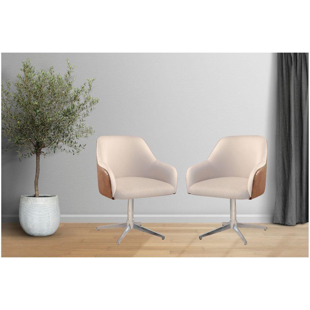 Conjunto Poltronas Decorativa Hera Linho Nude Couro Caramelo Com Base Giratória Em Alumínio - 2
