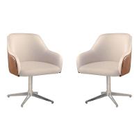 Conjunto Poltronas Decorativa Hera Linho Nude Couro Caramelo Com Base Giratória Em Alumínio - 1