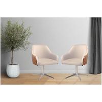 Conjunto Poltronas Decorativa Hera Linho Nude Couro Caramelo Com Base Giratória Em Alumínio - 2