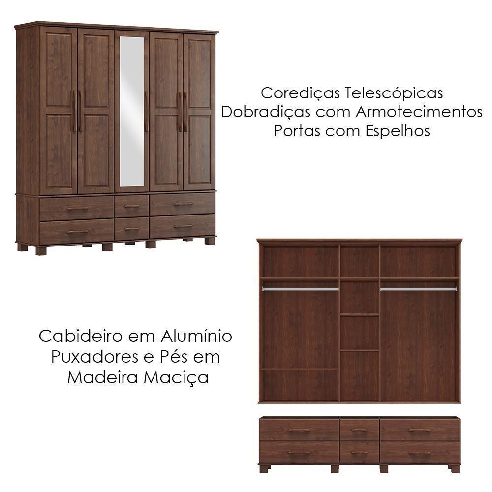 Guarda Roupa 5 Portas 6 Gavetas Espelho Madeira Maciça 208 Cm 2253 Cafe Milani Store - 5