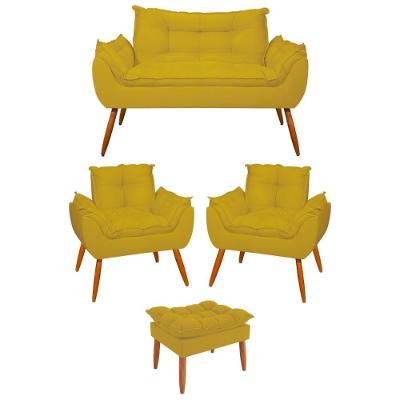 Kit 2 Poltronas + Namoradeira + Puff Opala Decorativa Balaqui Amarelo