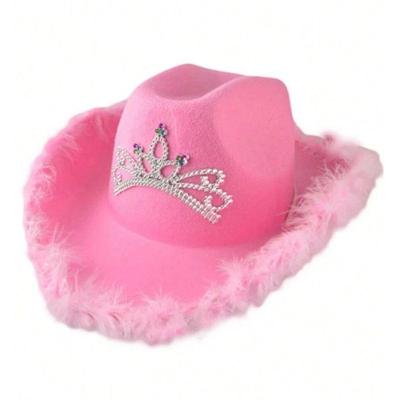 Chapéu Country Cowboy Princesa Rosa Com Plumas