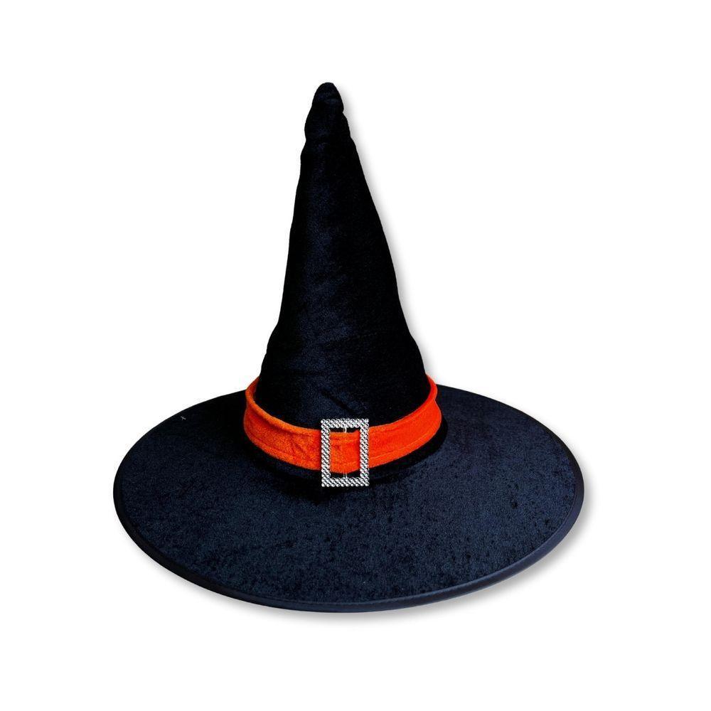 Chapéu De Bruxa Preto Com Fecho E Faixa Laranja Veludo - 1