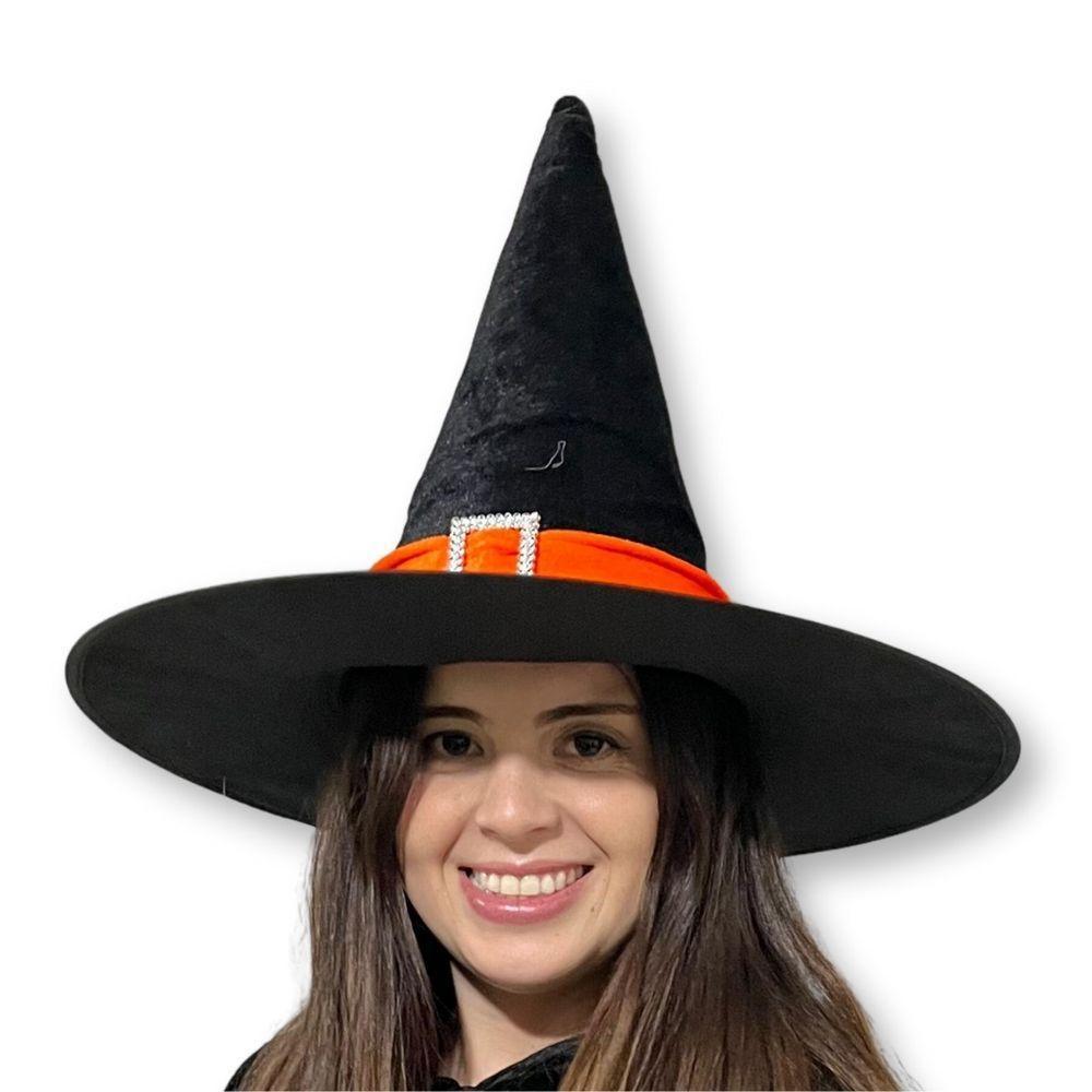 Chapéu De Bruxa Preto Com Fecho E Faixa Laranja Veludo - 2