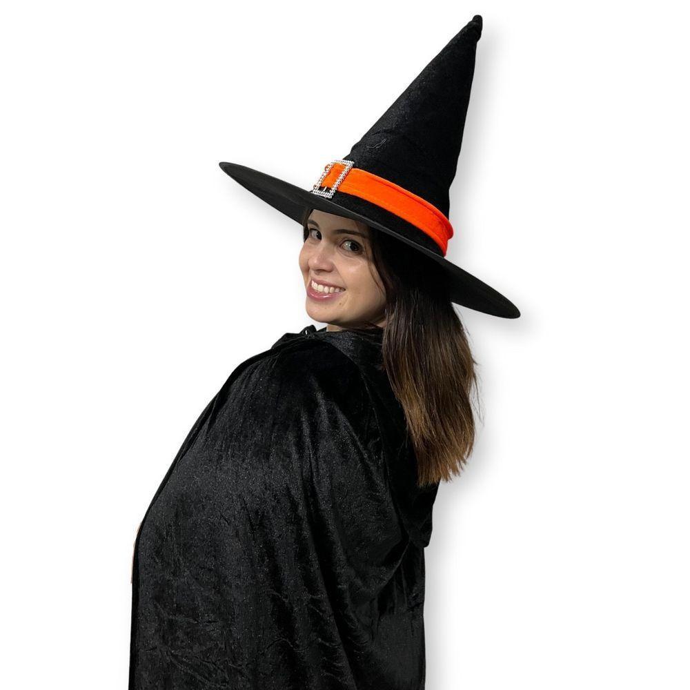 Chapéu De Bruxa Preto Com Fecho E Faixa Laranja Veludo - 8