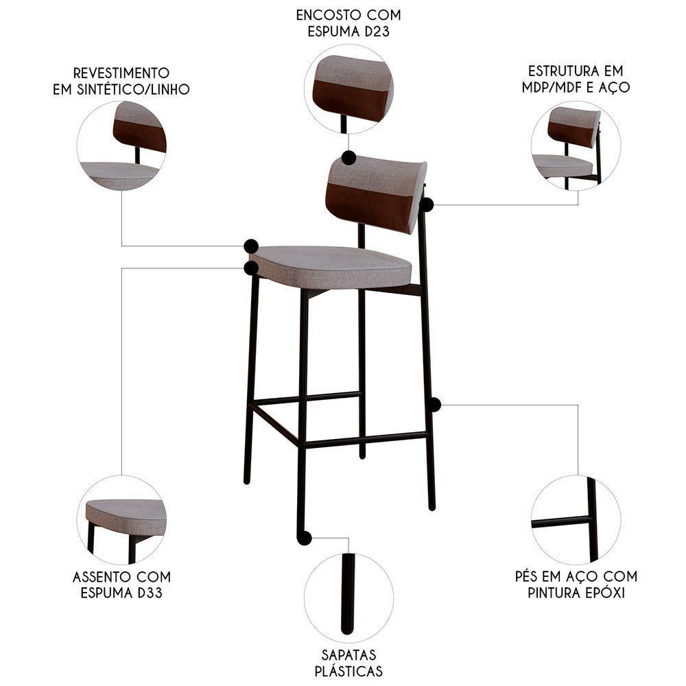 Banqueta Alta Bar Estofada Kit 3 Ella M25 Linho Cinza Cl-whisky - Mpozenato - 3