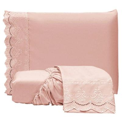 Jogo De Lençol Casal Padrão Bordado Ingles Micropercal 300 Fios Toque De Algodão 3 Peças - Rose