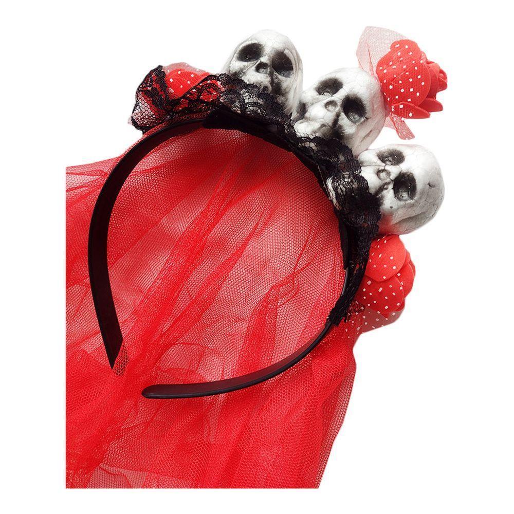 Tiara Rendada Com Caveira Flores E Véu Cor Vermelho - 2