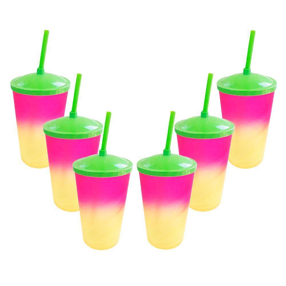 Copo Com Canudo Pink Amarelo E Verde - 700ml - 6 Unidades - 1