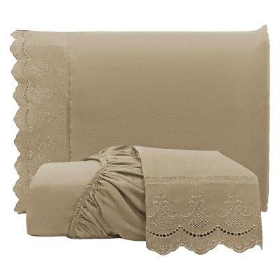 Jogo De Lençol Casal Padrão Bordado Ingles Micropercal 300 Fios Toque De Algodão 3 Peças - Chocolate