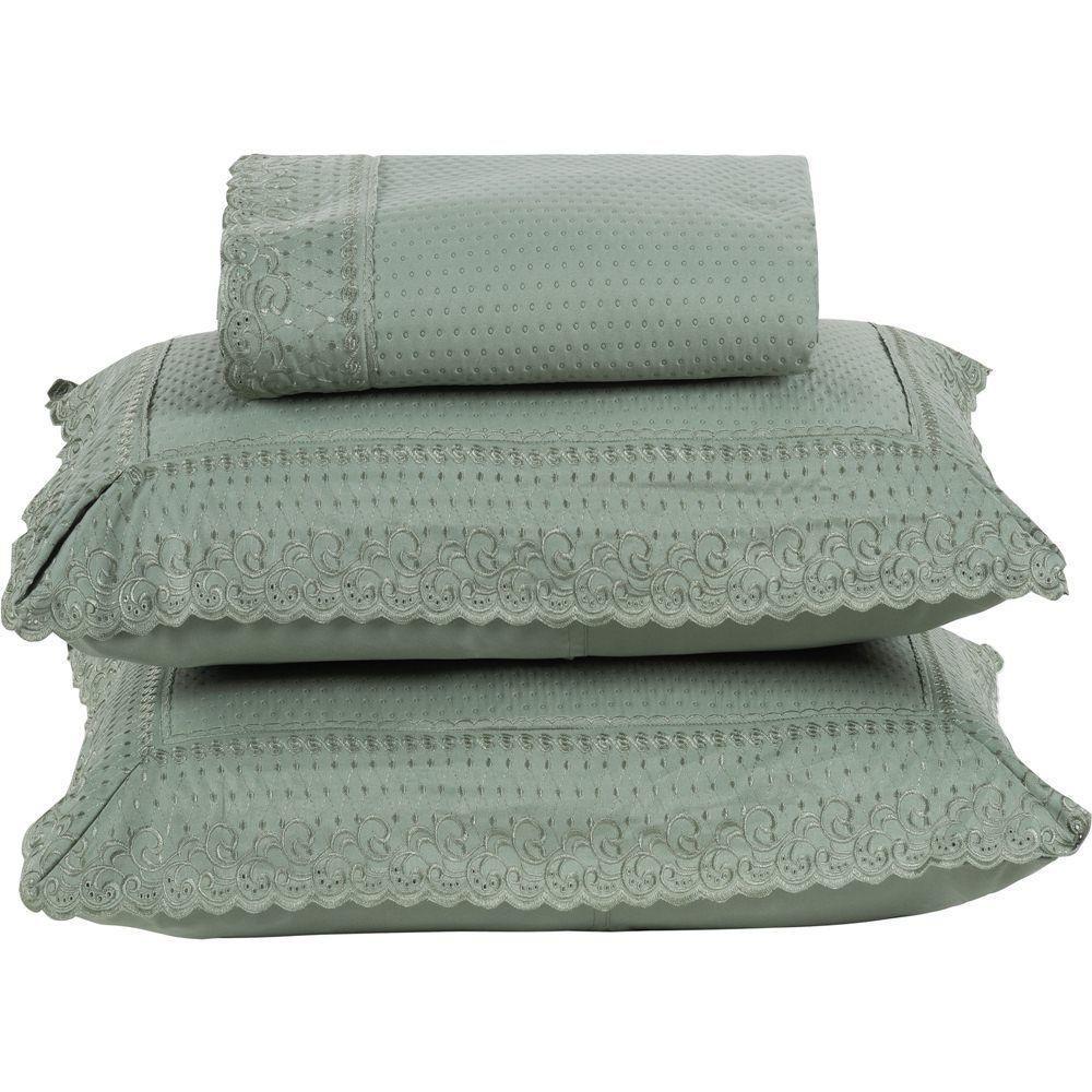 Colcha Queen Home Paris Com Bordado Inglês Micropercal 300 Fios Toque De Algodão 3 Peças - Verde - 1