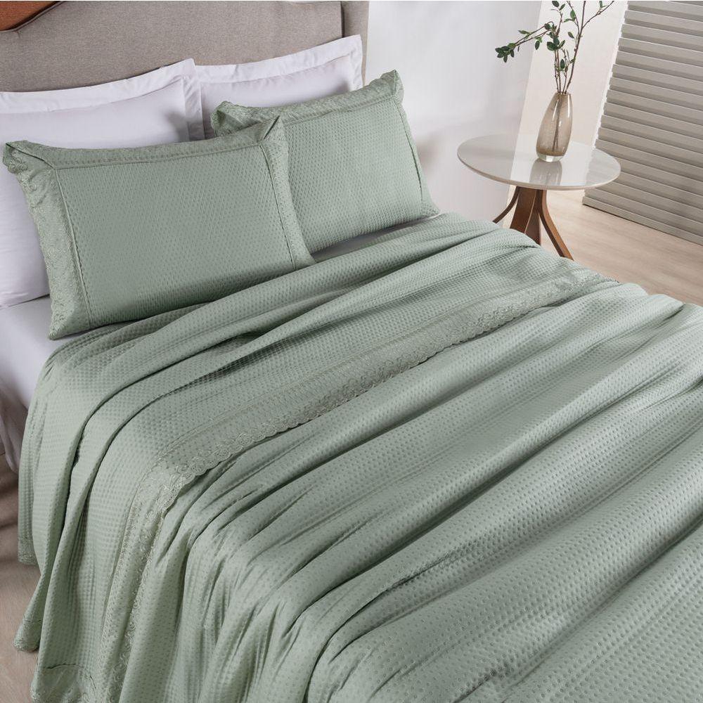Colcha Queen Home Paris Com Bordado Inglês Micropercal 300 Fios Toque De Algodão 3 Peças - Verde - 3