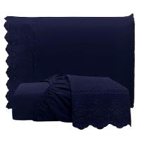 Jogo De Lençol King Bordado Ingles Micropercal 300 Fios Toque De Algodão 3 Peças - Azul Marinho - 1