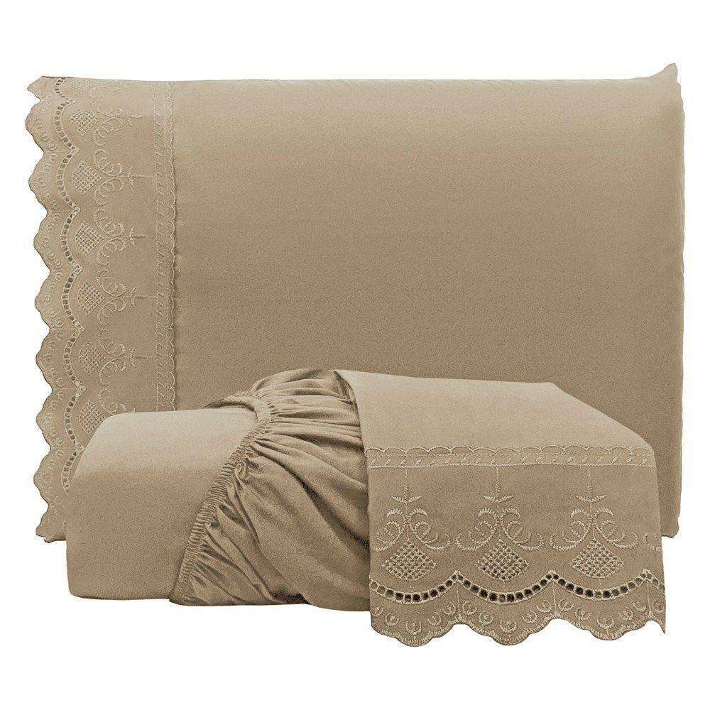 Jogo De Lençol King Bordado Ingles Micropercal 300 Fios Toque De Algodão 3 Peças - Chocolate - 1