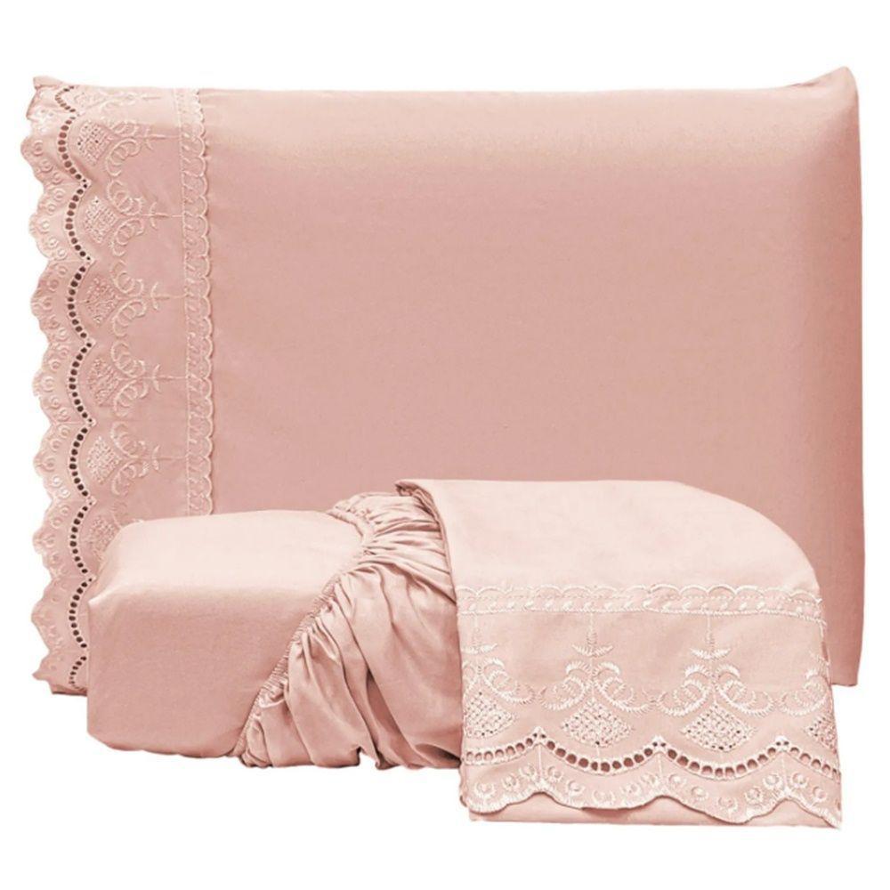 Jogo De Lençol King Bordado Ingles Micropercal 300 Fios Toque De Algodão 3 Peças - Rose - 1