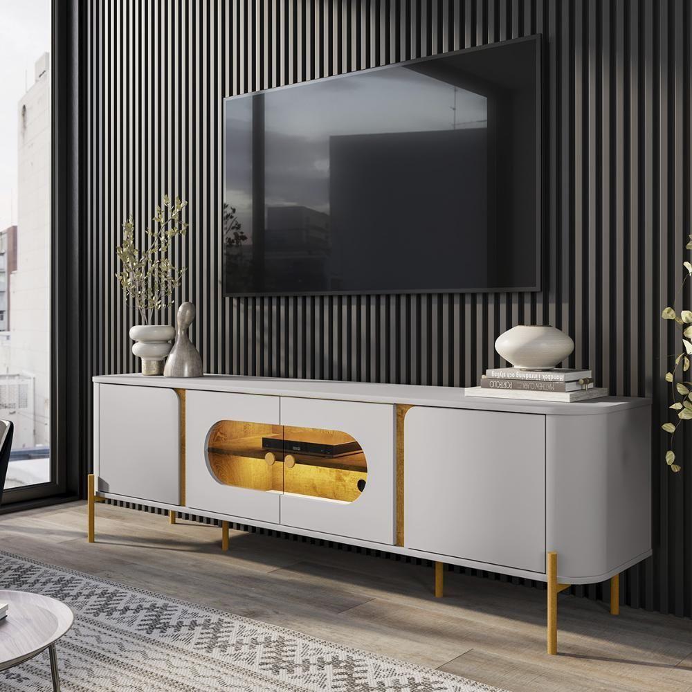 Rack Juquehy Tv 75 Polegadas Com 4 Portas E Pés Em Aço Off White/naturale - 2