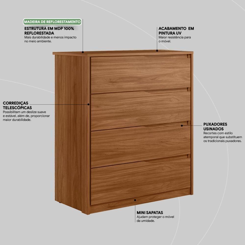 Cômoda Atria Quarto Com 4 Gavetas Nogueira Touch - 5