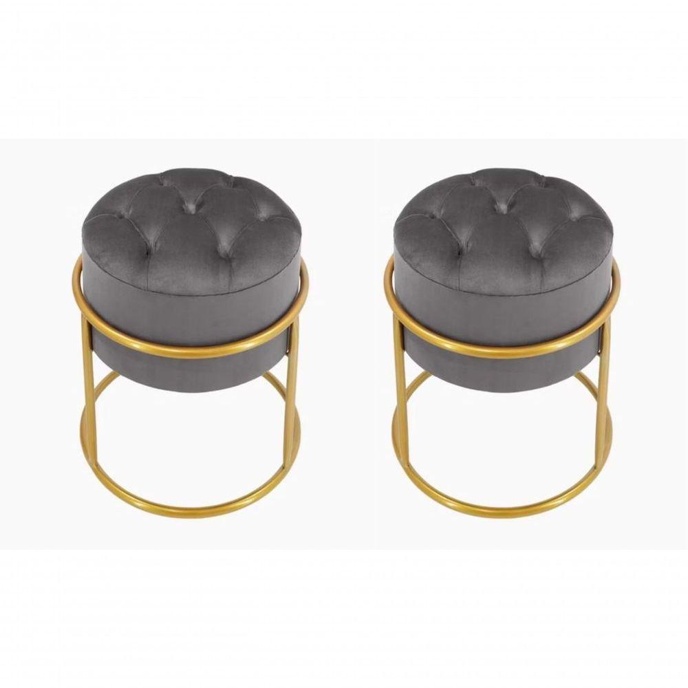Kit 2 Puff Banqueta Estofado Decorativo Base De Ferro Capitonê Suede Grafite Eli Móveis E Decoração - 1