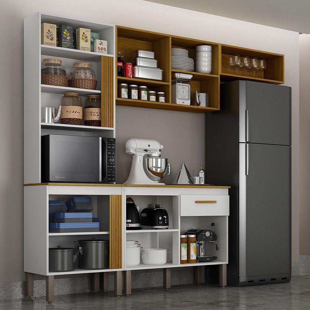 Cozinha Compacta Liza 6 Portas 1 Gaveta Nicho Ripado Mobilihouse Cinamomo Com Branco Acetinado - 2