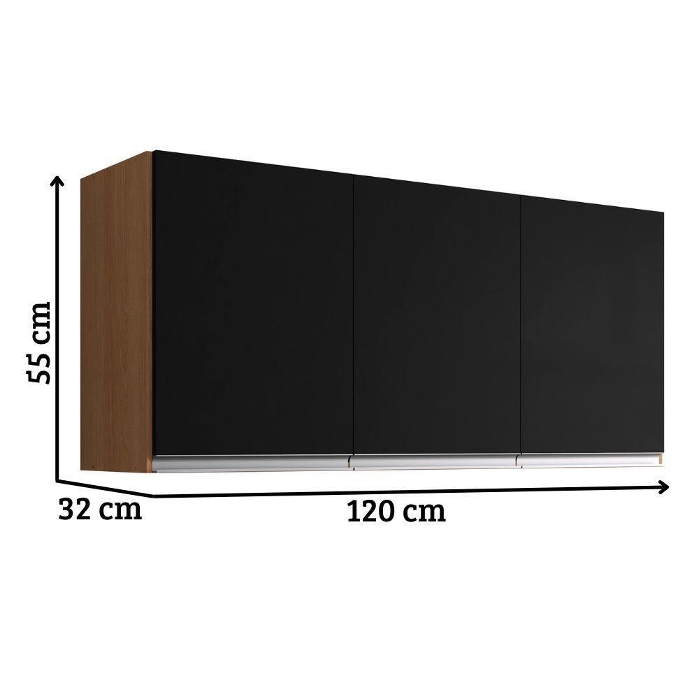 Armário Aéreo Andréia 120 Cm 3 Portas Amendoa Preto Ajl - 2