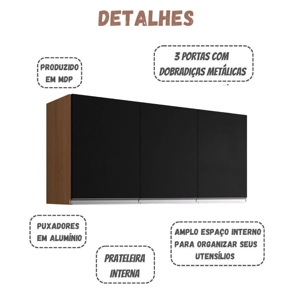 Armário Aéreo Andréia 120 Cm 3 Portas Amendoa Preto Ajl - 4