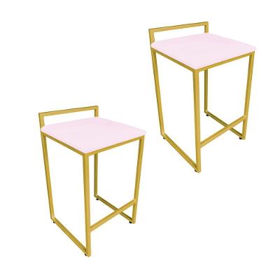 Conjunto 02 Banquetas Alta Lavínia Suede Base Dourado D\'rossi Rosa Bebê