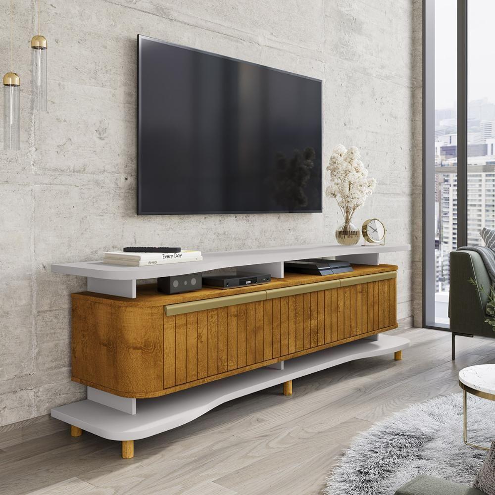 Rack Guarapari Tv 75 Polegadas Com Pés De Madeira Maciça Off White/naturale - 2